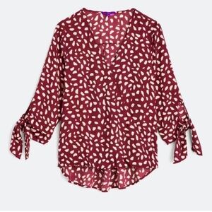 NWT West K L Allan Surplice Tie Sleeve High Low Burgundy Dot Blouse Top
